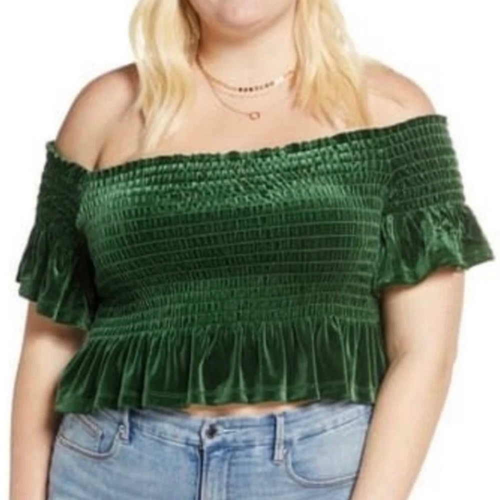 BP Green Velvety Stretchy Off the Shoulder Top